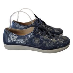 Mephisto Delya Navy Blue Leather Metallic Snakeskin-Print Sneakers EUR 8.5 US 11